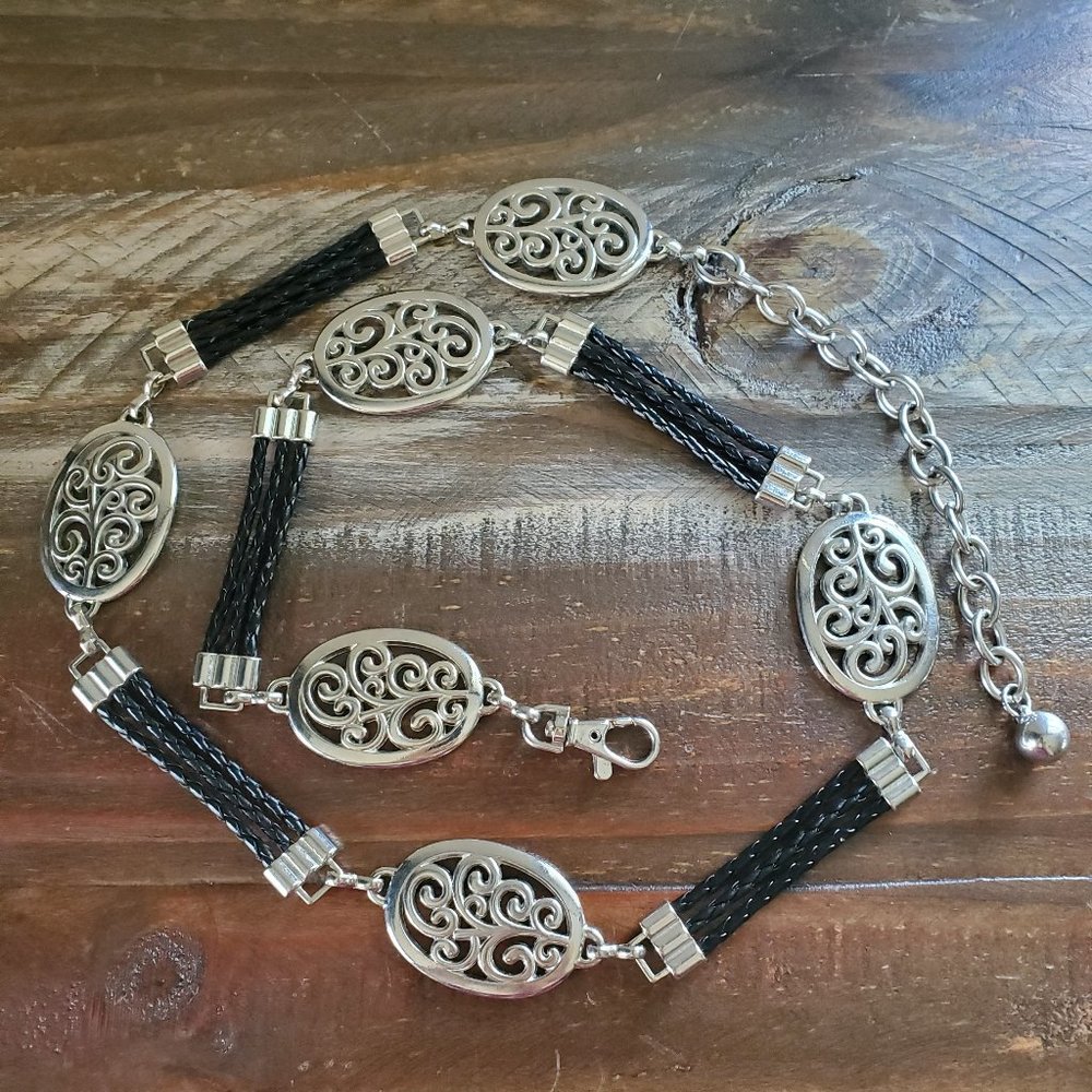 Southwest Style Silver Tone Medallion & Braided Black Faux Leather Belt - Large